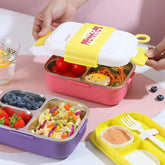 3-Compartment Stainless Steel Lunch Box with Leakproof Lid and Cutlery Set - Portable Food Storage Container for School Office and Picnic Use